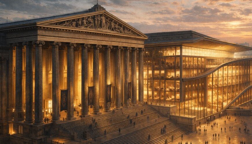 Eine monumentale Bildfestung aus altem Stein und neuem lichtdurchlässigem Flügel erhebt sich über einem weiten Platz, als würde ein Museum sein Reich in die Gegenwart ausdehnen.