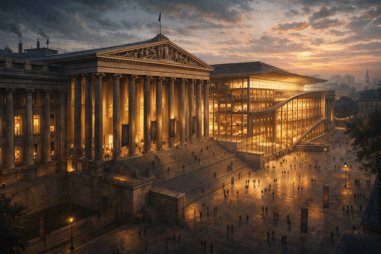 Eine monumentale Bildfestung aus altem Stein und neuem lichtdurchlässigem Flügel erhebt sich über einem weiten Platz, als würde ein Museum sein Reich in die Gegenwart ausdehnen.