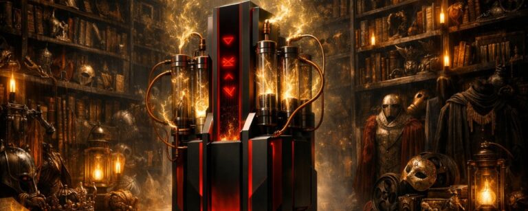 Symbolisches Feuilleton-Bild: Eine moderne Streaming-Maschine saugt in einer riesigen Archivhalle goldenen Zauber aus den Relikten alter Erzählwelten.