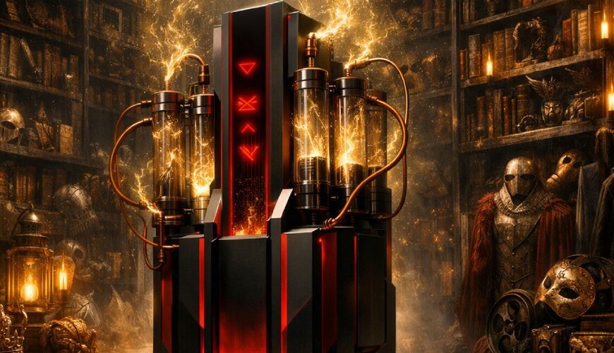 Symbolisches Feuilleton-Bild: Eine moderne Streaming-Maschine saugt in einer riesigen Archivhalle goldenen Zauber aus den Relikten alter Erzählwelten.