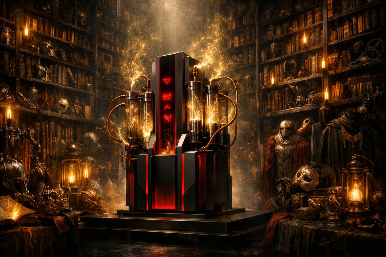 Symbolisches Feuilleton-Bild: Eine moderne Streaming-Maschine saugt in einer riesigen Archivhalle goldenen Zauber aus den Relikten alter Erzählwelten.