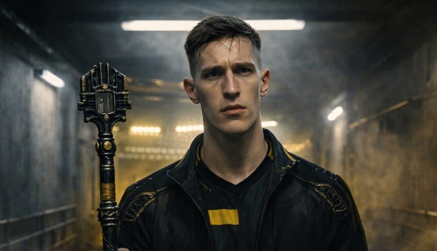 Nico Schlotterbeck als ernster Fantasy-Verteidiger in einem düsteren schwarzgelben Spielertunnel mit Schlüsselzepter und halboffenem Fluchttor