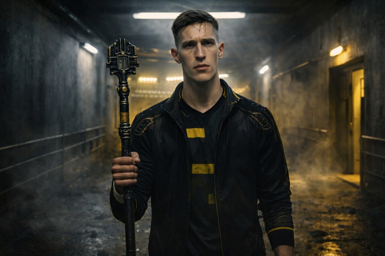 JD Vance als düsterer Kerkervogt mit Trump-Zepter, MFGA-Kappe und Stacheldraht im Hintergrund eines autoritären Fantasy-Dungeons