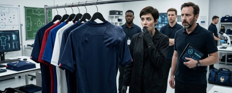 Modernes Fußballtrikot in einem hellen Sportlabor mit auffälliger Schulterbeule, während mehrere Mitarbeiter die unheimlich wirkende Naht erschrocken betrachten.