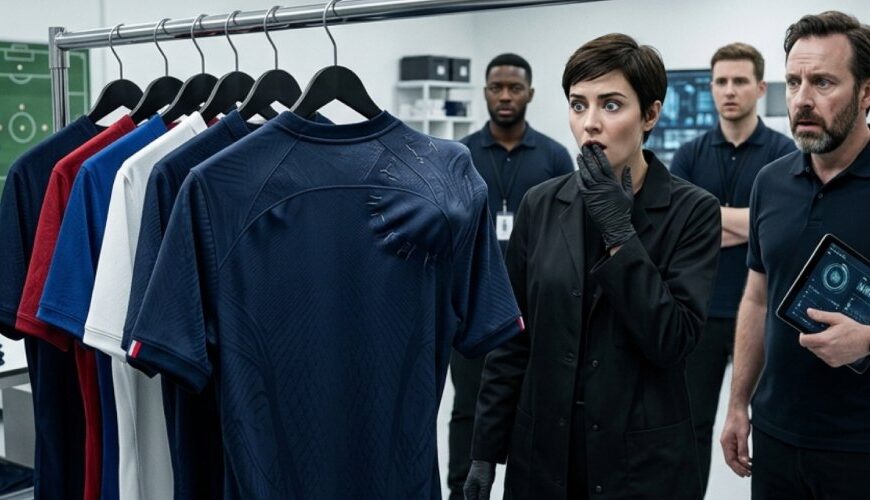 Modernes Fußballtrikot in einem hellen Sportlabor mit auffälliger Schulterbeule, während mehrere Mitarbeiter die unheimlich wirkende Naht erschrocken betrachten.