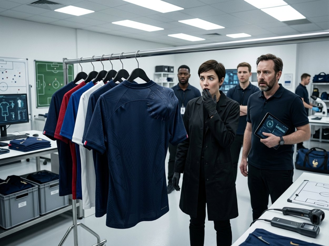 Modernes Fußballtrikot in einem hellen Sportlabor mit auffälliger Schulterbeule, während mehrere Mitarbeiter die unheimlich wirkende Naht erschrocken betrachten.
