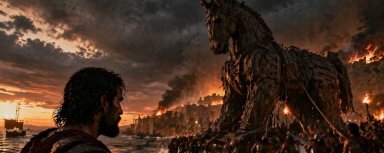 CDie Odyssee zeigt ein riesiges Trojanisches Pferd am Strand vor einer brennenden antiken Stadt und einen erschöpften Odysseus im Vordergrund.