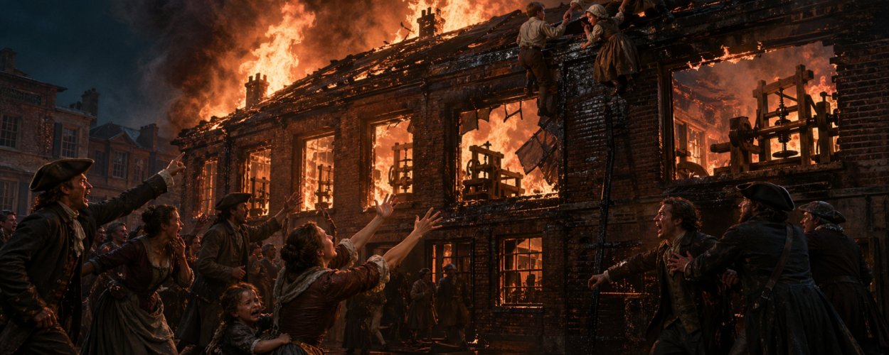 Outlander Staffel 8 zeigt eine brennende Druckerei, in der Fergus Fraser seine Kinder rettet und selbst in den Flammen stirbt.