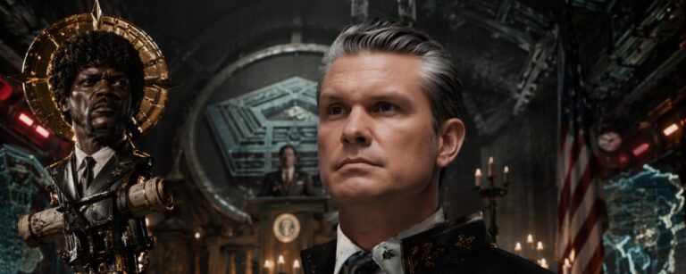 Pete Hegseth als martialischer Feldprediger in einer düsteren Pentagon-Kapelle mit Samuel-L.-Jackson-Zepter, Kerzen und militärischem Altarraum