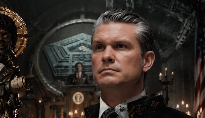 Pete Hegseth als martialischer Feldprediger in einer düsteren Pentagon-Kapelle mit Samuel-L.-Jackson-Zepter, Kerzen und militärischem Altarraum