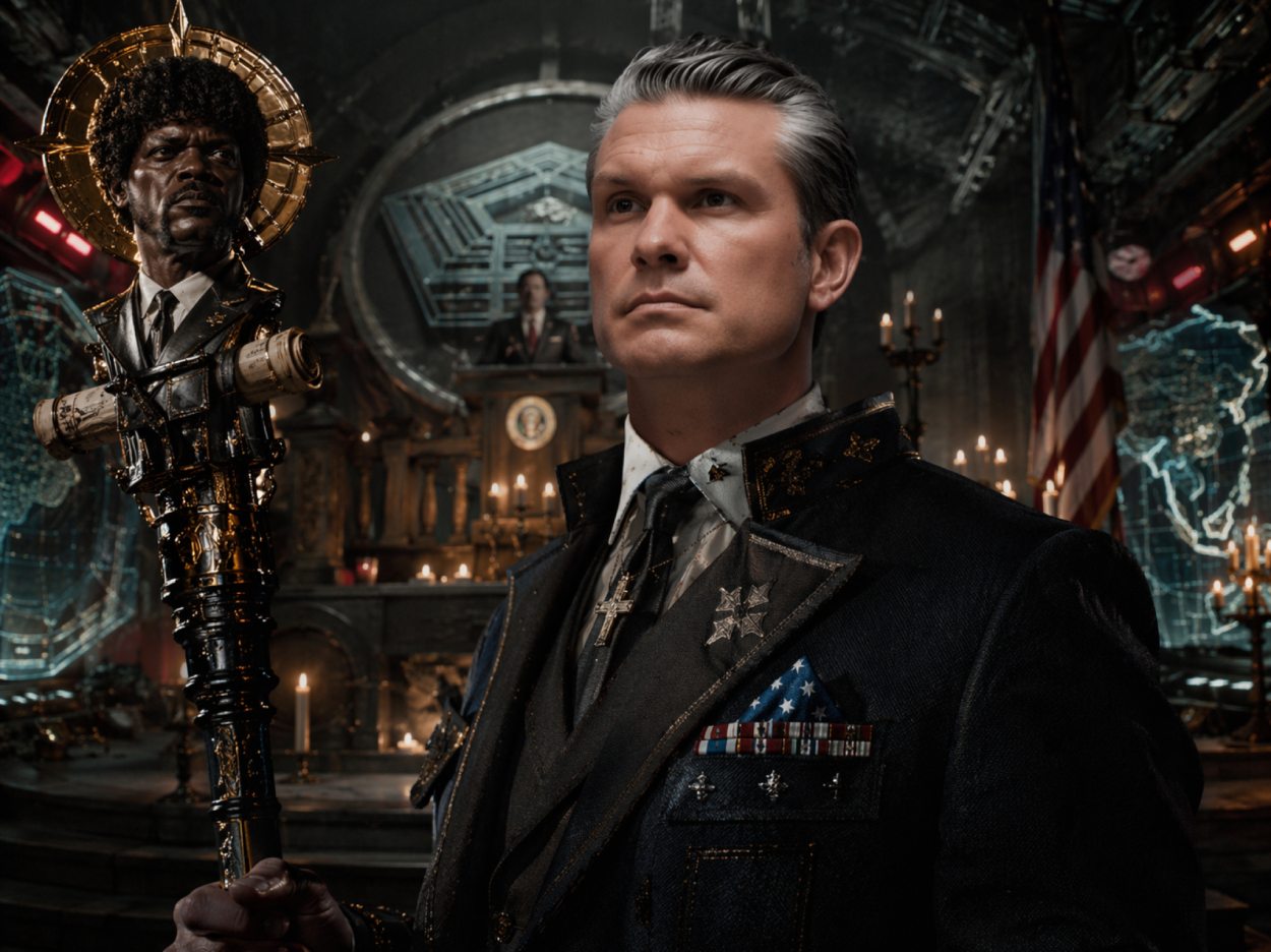 Pete Hegseth als martialischer Feldprediger in einer düsteren Pentagon-Kapelle mit Samuel-L.-Jackson-Zepter, Kerzen und militärischem Altarraum