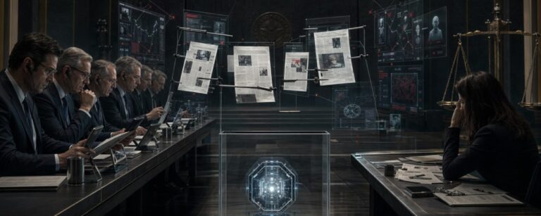 Düsteres Symbolbild zu Peter Thiels Objection-Projekt: Ein Tech-Milliardär sitzt erhöht wie ein Richter über schwebenden Zeitungsseiten, flankiert von Analysten und einer isolierten Journalistin in einem kalten Hightech-Tribunal.
