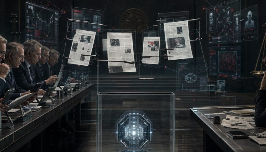 Düsteres Symbolbild zu Peter Thiels Objection-Projekt: Ein Tech-Milliardär sitzt erhöht wie ein Richter über schwebenden Zeitungsseiten, flankiert von Analysten und einer isolierten Journalistin in einem kalten Hightech-Tribunal.