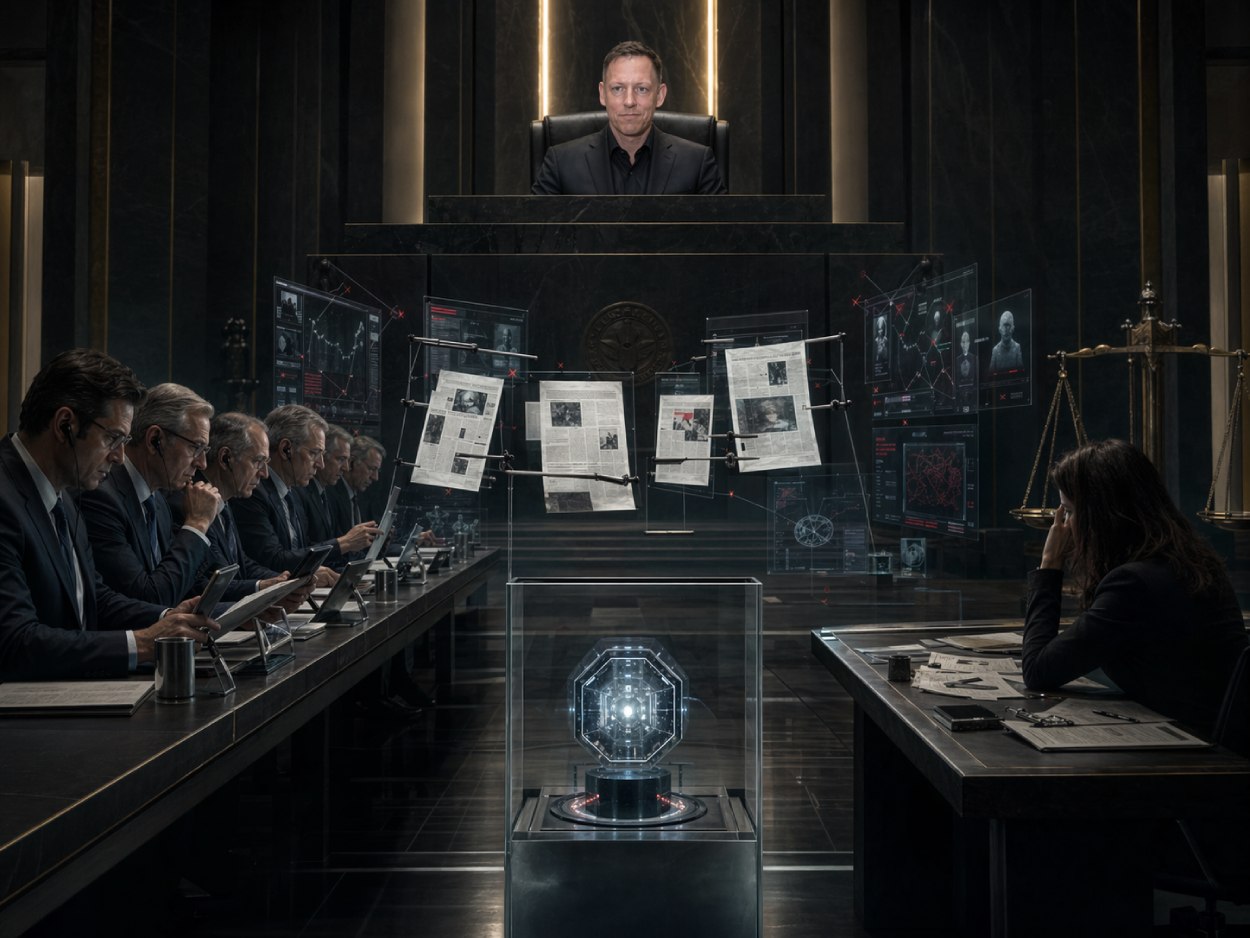 Düsteres Symbolbild zu Peter Thiels Objection-Projekt: Ein Tech-Milliardär sitzt erhöht wie ein Richter über schwebenden Zeitungsseiten, flankiert von Analysten und einer isolierten Journalistin in einem kalten Hightech-Tribunal.