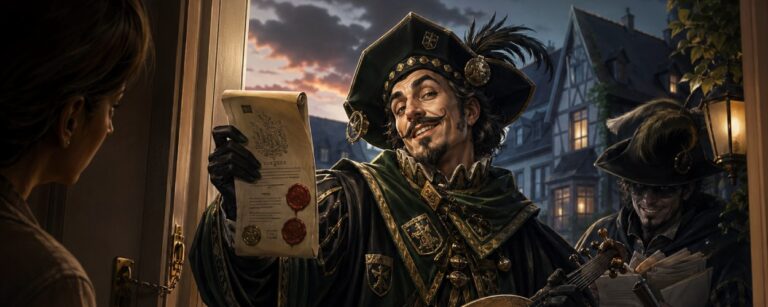 Ein junger Mann öffnet in einer düsteren Abendstimmung die Haustür und blickt auf zwei unheimliche, märchenhaft gekleidete Boten aus den Zwischenreichen, die ihm eine offenbar wichtige Nachricht überbringen wollen. Die Szene wirkt wie eine Fantasy-Version einer betrügerischen Phishing-Nachricht vom Finanzamt.