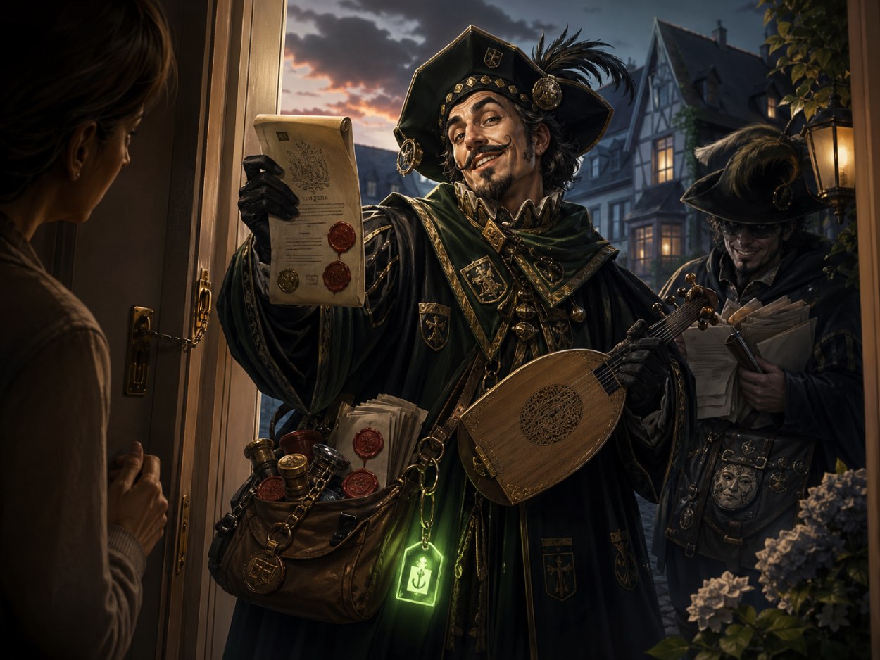 Ein junger Mann öffnet in einer düsteren Abendstimmung die Haustür und blickt auf zwei unheimliche, märchenhaft gekleidete Boten aus den Zwischenreichen, die ihm eine offenbar wichtige Nachricht überbringen wollen. Die Szene wirkt wie eine Fantasy-Version einer betrügerischen Phishing-Nachricht vom Finanzamt.