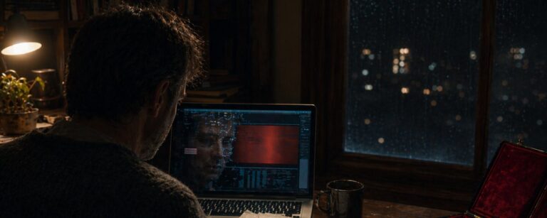 Ein erschöpfter Autor sitzt nachts vor seinem handkorrigierten Manuskript, während ein Laptop kaltes KI-Prüflicht ausstrahlt; daneben steht ein leerer Preisgeldkoffer mit gestürzter Trophäe.