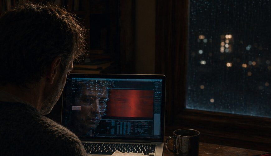 Ein erschöpfter Autor sitzt nachts vor seinem handkorrigierten Manuskript, während ein Laptop kaltes KI-Prüflicht ausstrahlt; daneben steht ein leerer Preisgeldkoffer mit gestürzter Trophäe.