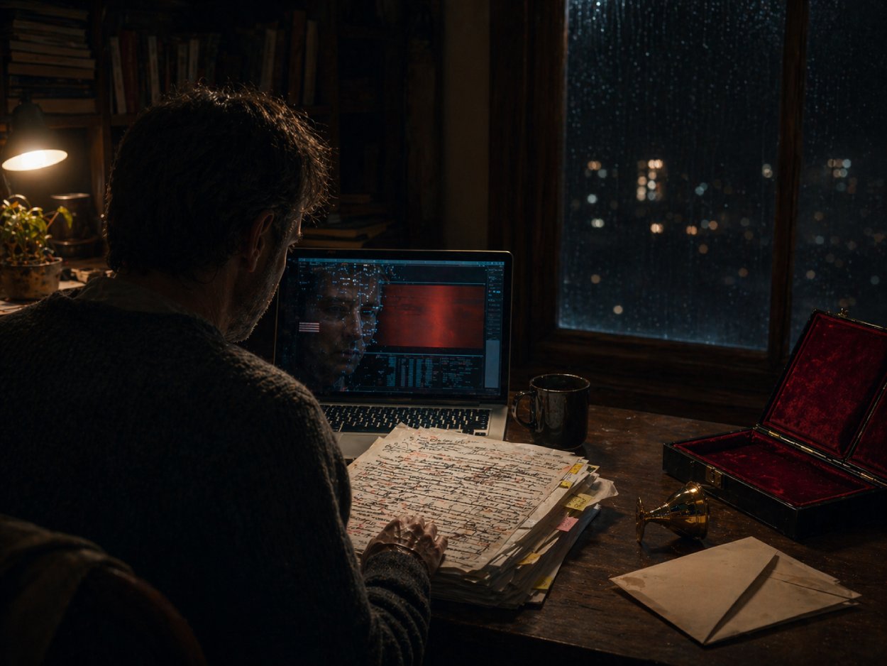 Autoren verlassen mit Büchern und Manuskripten einen brennenden Pariser Verlagsturm, während eine dunkle Gestalt auf dem Balkon über der literarischen Festung steht.