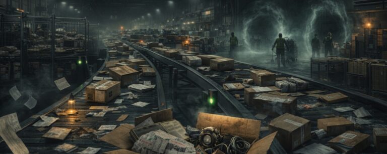Große düstere Pakethalle mit Förderbändern, verstreuten Briefen und Kartons, während im Hintergrund zwei neblige Portale wie geheime Übergänge für verschwundene Sendungen wirken.