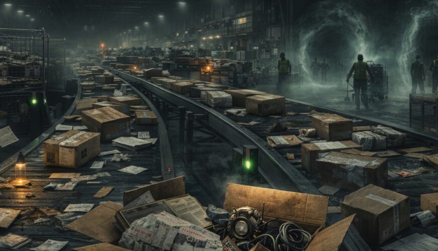 Große düstere Pakethalle mit Förderbändern, verstreuten Briefen und Kartons, während im Hintergrund zwei neblige Portale wie geheime Übergänge für verschwundene Sendungen wirken.