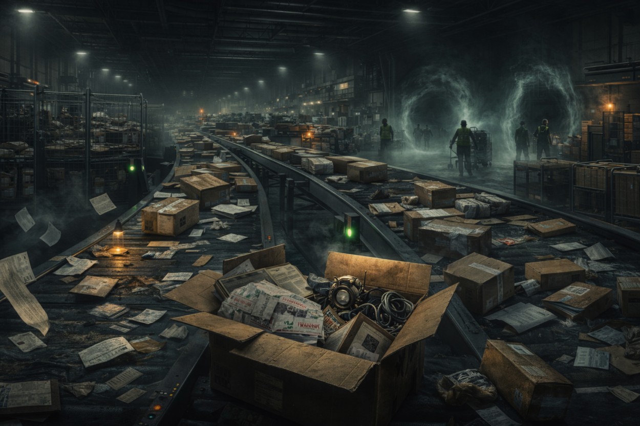 Große düstere Pakethalle mit Förderbändern, verstreuten Briefen und Kartons, während im Hintergrund zwei neblige Portale wie geheime Übergänge für verschwundene Sendungen wirken.