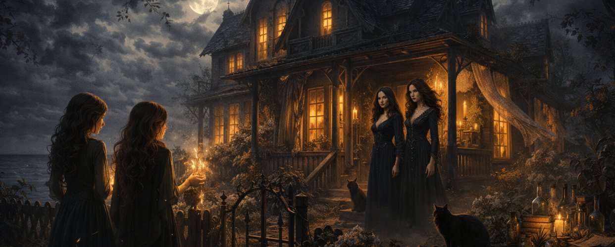 Practical Magic 2 zeigt ein magisches Hexenhaus bei Nacht, die Owens-Schwestern und eine neue Generation von Hexen im Mondlicht.