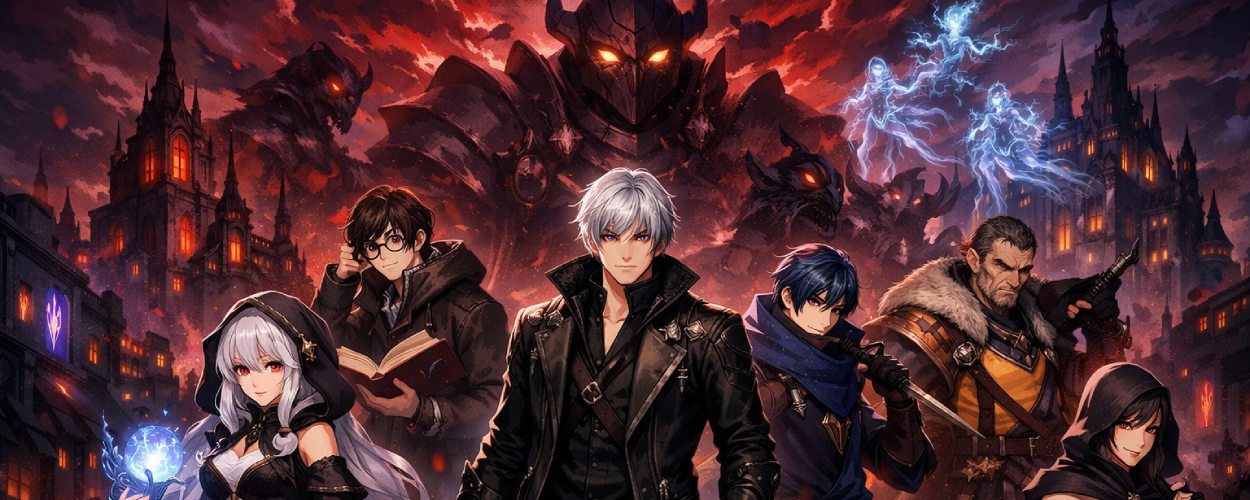 Eine Gruppe stilisierter Fantasy-Figuren vor einer düsteren magischen Stadt deutet das eingestellte Nexon-Projekt Project EL an.