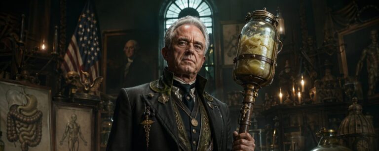 Robert F. Kennedy Jr. als fanatischer Darmprophet in einem düsteren Ministerium voller Gärgläser, Anatomietafeln und einem Sauerkrautglas-Zepter