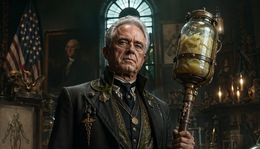 Robert F. Kennedy Jr. als fanatischer Darmprophet in einem düsteren Ministerium voller Gärgläser, Anatomietafeln und einem Sauerkrautglas-Zepter