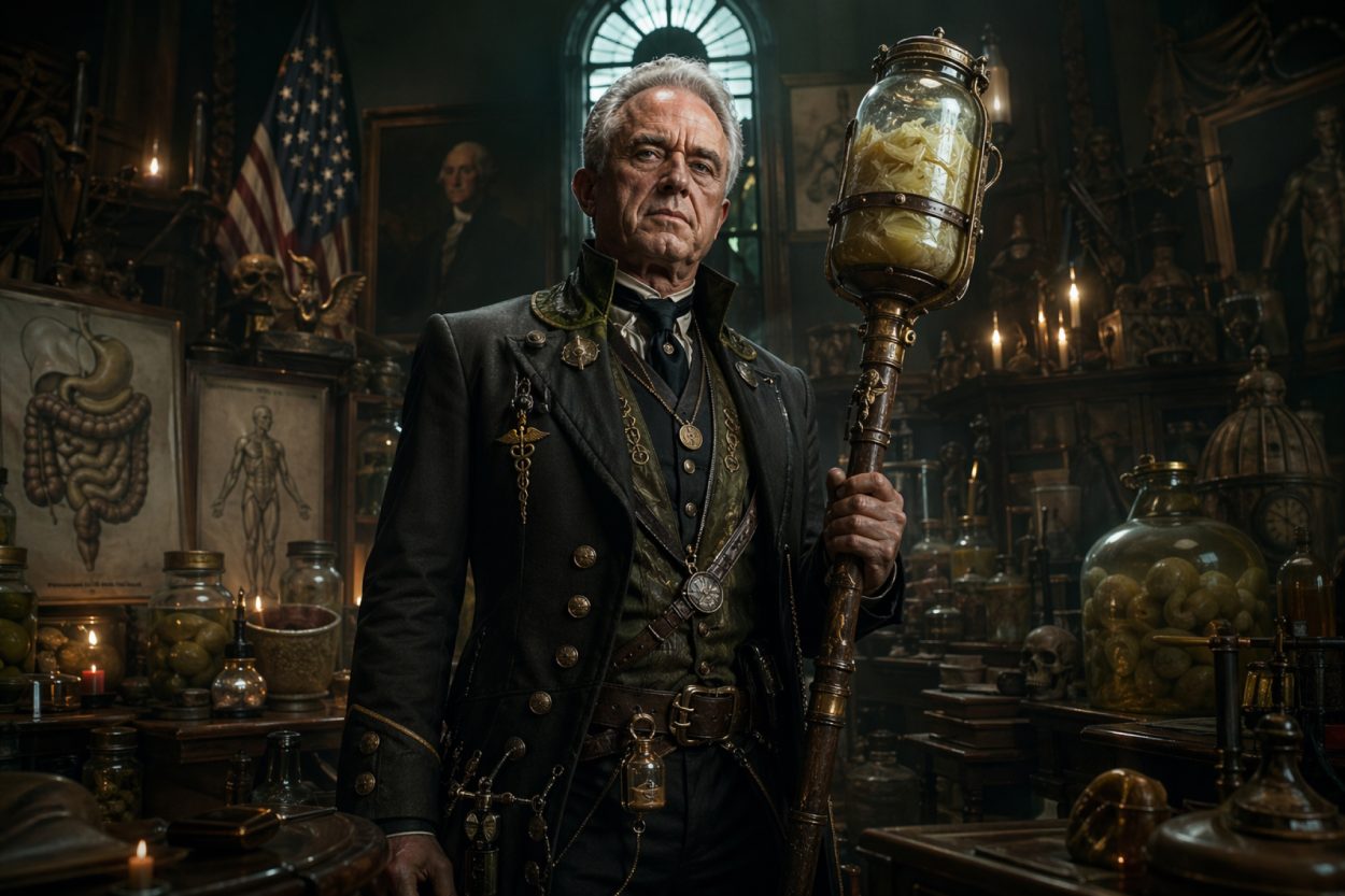 Robert F. Kennedy Jr. als fanatischer Darmprophet in einem düsteren Ministerium voller Gärgläser, Anatomietafeln und einem Sauerkrautglas-Zepter