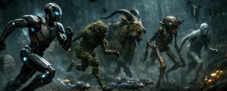 Humanoider Rennroboter läuft durch einen düsteren, nebligen Wald, während mehrere groteske Kreaturen aus den Zwischenreichen neben ihm über eine matschige Strecke jagen.