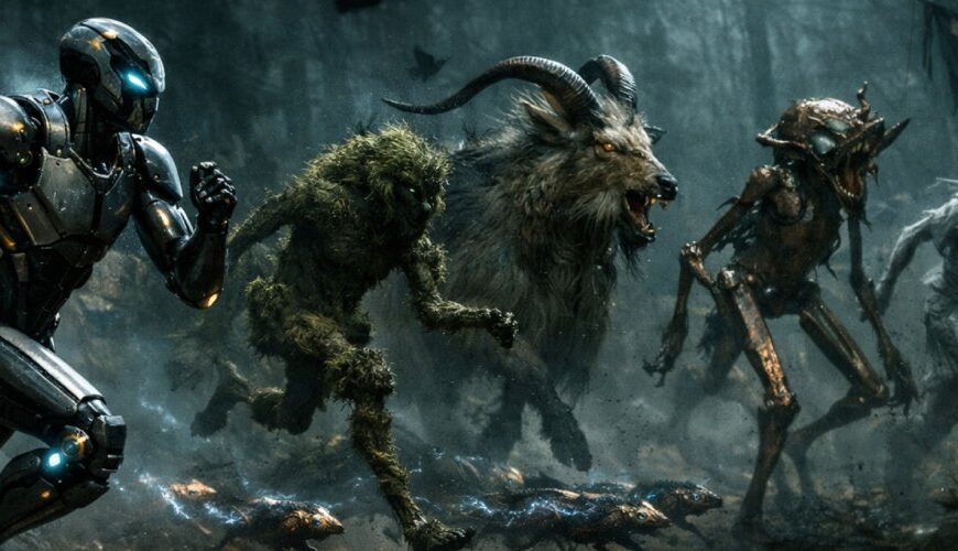 Humanoider Rennroboter läuft durch einen düsteren, nebligen Wald, während mehrere groteske Kreaturen aus den Zwischenreichen neben ihm über eine matschige Strecke jagen.