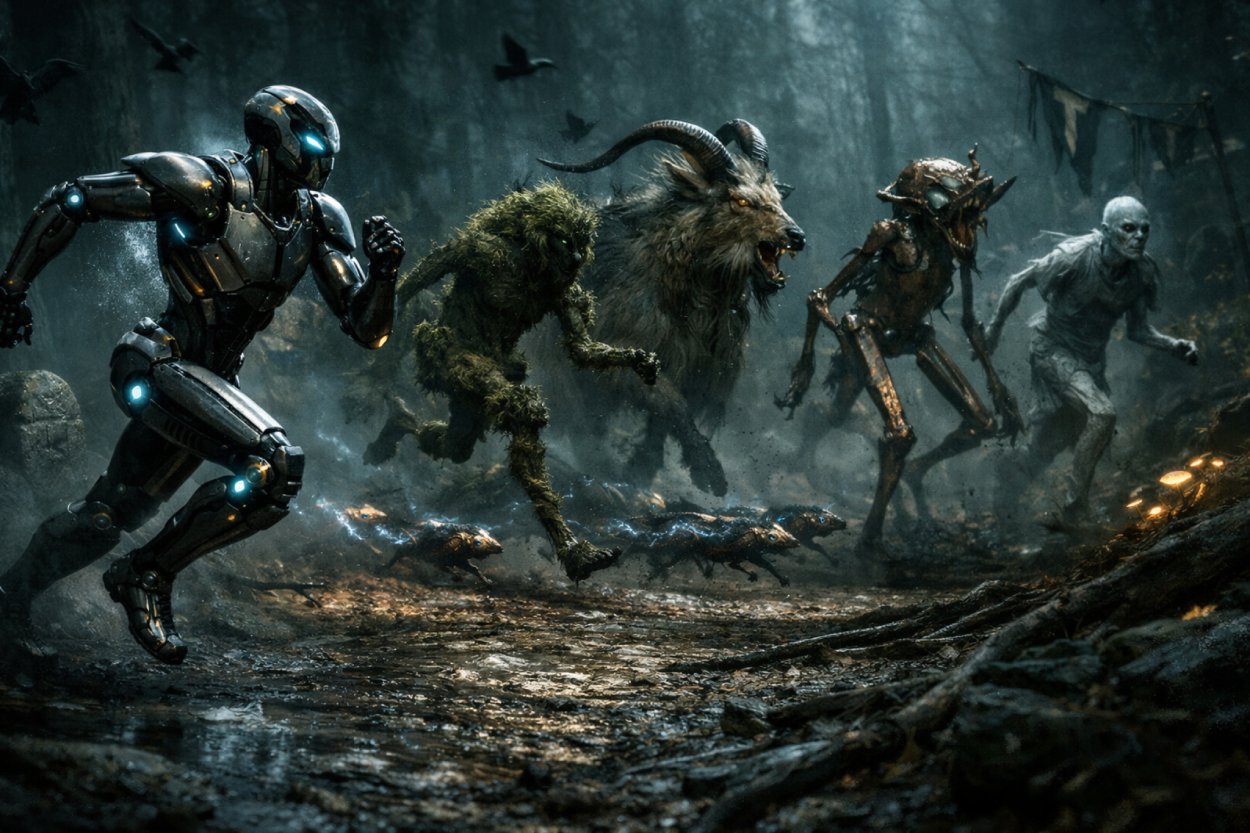 Humanoider Rennroboter läuft durch einen düsteren, nebligen Wald, während mehrere groteske Kreaturen aus den Zwischenreichen neben ihm über eine matschige Strecke jagen.
