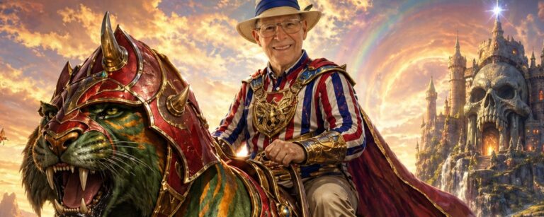 Roger Sweet reitet auf einem grün gestreiften, gepanzerten Battle Cat durch eine leuchtende Fantasylandschaft. Hinter ihm erhebt sich vor dramatischem Himmel eine skullartige Burg, während der Spielzeugdesigner freundlich und würdevoll in die Kamera lächelt.