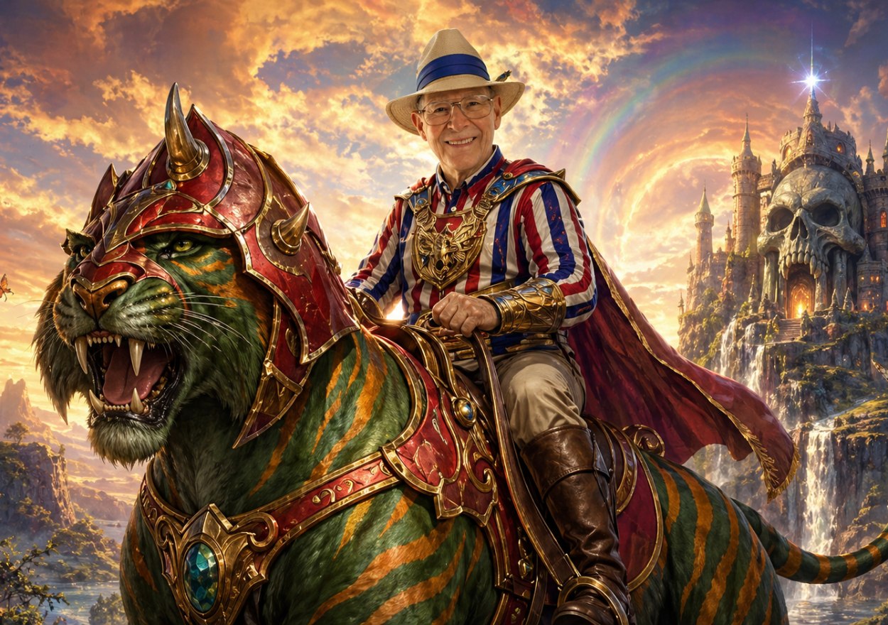 Roger Sweet reitet auf einem grün gestreiften, gepanzerten Battle Cat durch eine leuchtende Fantasylandschaft. Hinter ihm erhebt sich vor dramatischem Himmel eine skullartige Burg, während der Spielzeugdesigner freundlich und würdevoll in die Kamera lächelt.