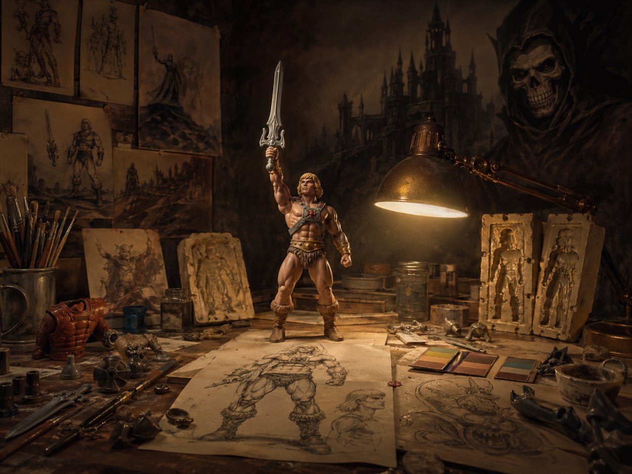 Eine He-Man-artige Actionfigur steht mit erhobenem Schwert auf einem Arbeitstisch in einer dunkel beleuchteten Spielzeugwerkstatt. Um sie herum liegen Skizzen, Werkzeuge, Formen, Farbmuster und Rüstungsteile, während sich im Hintergrund eine düstere Burg und ein Totenschädel-Schurke abzeichnen.