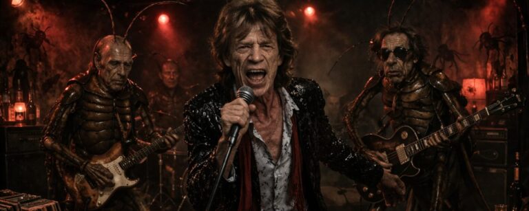 Die Stones als Kakerlaken in einem düsteren Club, bei der der Sänger noch menschlich wirkt, während die übrigen Musiker bereits wie schabenhafte Zwischenreichswesen auftreten.