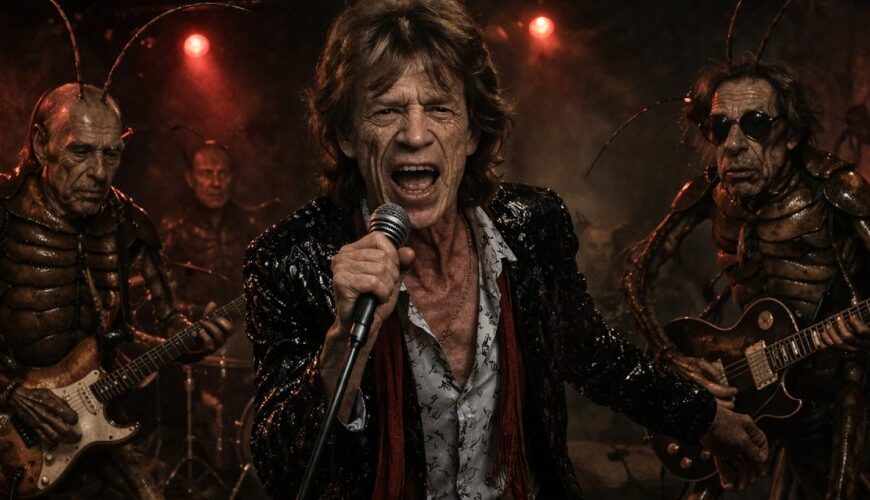 Die Stones als Kakerlaken in einem düsteren Club, bei der der Sänger noch menschlich wirkt, während die übrigen Musiker bereits wie schabenhafte Zwischenreichswesen auftreten.