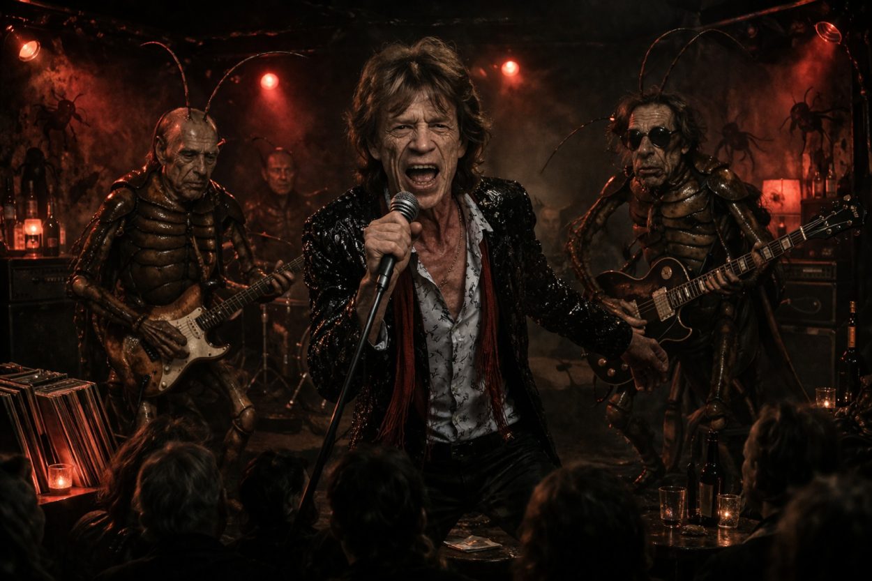 Donald Trump als Heilergestalt in weißem Gewand mit Lichtkranz und erhobener Hand über einem knienden Mann, umgeben von US-Flaggen und andächtigen Beobachtern.