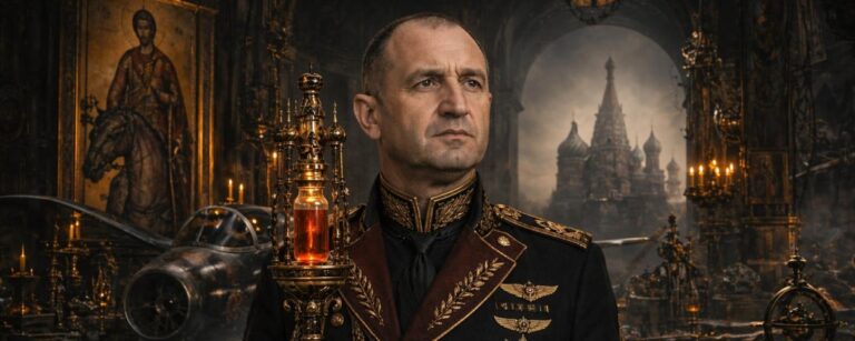 Rumen Radev in dunkler Uniform mit Rosenöl-Zepter in einer düsteren Militärkathedrale mit Flugzeugwracks und Kreml-Schatten