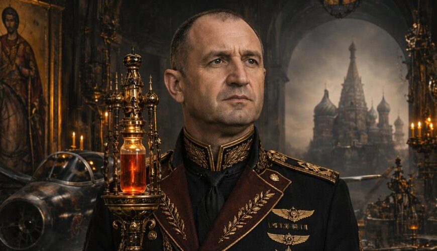 Rumen Radev in dunkler Uniform mit Rosenöl-Zepter in einer düsteren Militärkathedrale mit Flugzeugwracks und Kreml-Schatten