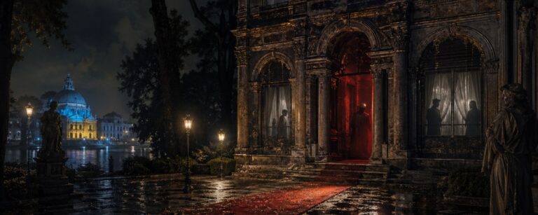 Ein eleganter, unheimlich beleuchteter Pavillon steht nachts in einem nebligen Garten der Biennale von Venedig. Vor dem Eingang endet ein roter Teppich in dunklen Pfützen, während hinter den Fenstern maskierte Schattenfiguren zu sehen sind und in der Ferne ein blau-gelbes Licht leuchtet.