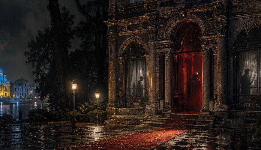 Ein eleganter, unheimlich beleuchteter Pavillon steht nachts in einem nebligen Garten der Biennale von Venedig. Vor dem Eingang endet ein roter Teppich in dunklen Pfützen, während hinter den Fenstern maskierte Schattenfiguren zu sehen sind und in der Ferne ein blau-gelbes Licht leuchtet.
