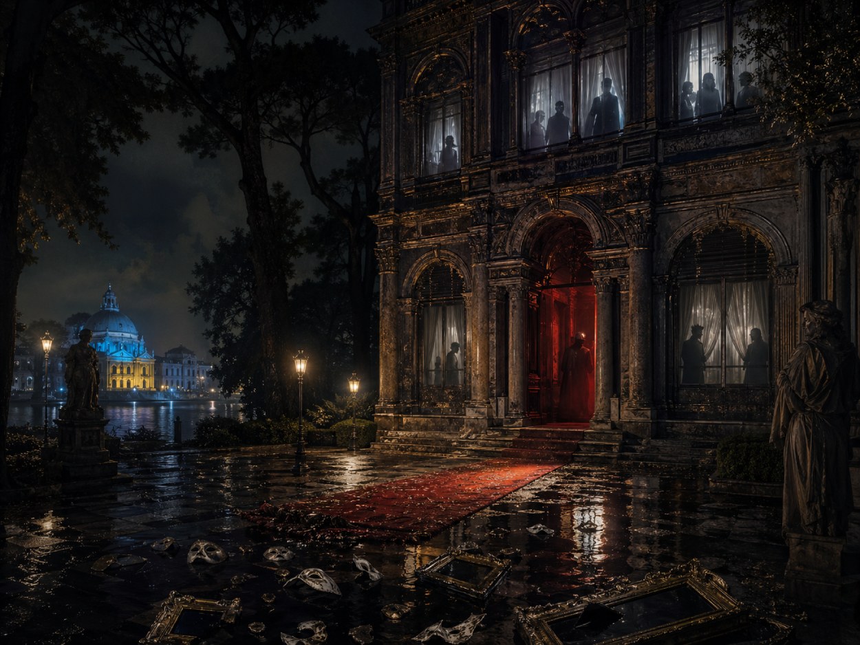 Ein eleganter, unheimlich beleuchteter Pavillon steht nachts in einem nebligen Garten der Biennale von Venedig. Vor dem Eingang endet ein roter Teppich in dunklen Pfützen, während hinter den Fenstern maskierte Schattenfiguren zu sehen sind und in der Ferne ein blau-gelbes Licht leuchtet.