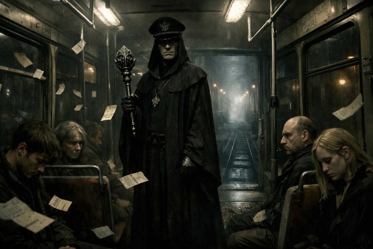 Dunkler Straßenbahnwagen mit einem schwarz gekleideten Kontrolleur in der Mitte, während Fahrscheine durch die Luft fliegen und erschöpfte Fahrgäste in nebliger Zwischenreichs-Stimmung sitzen.