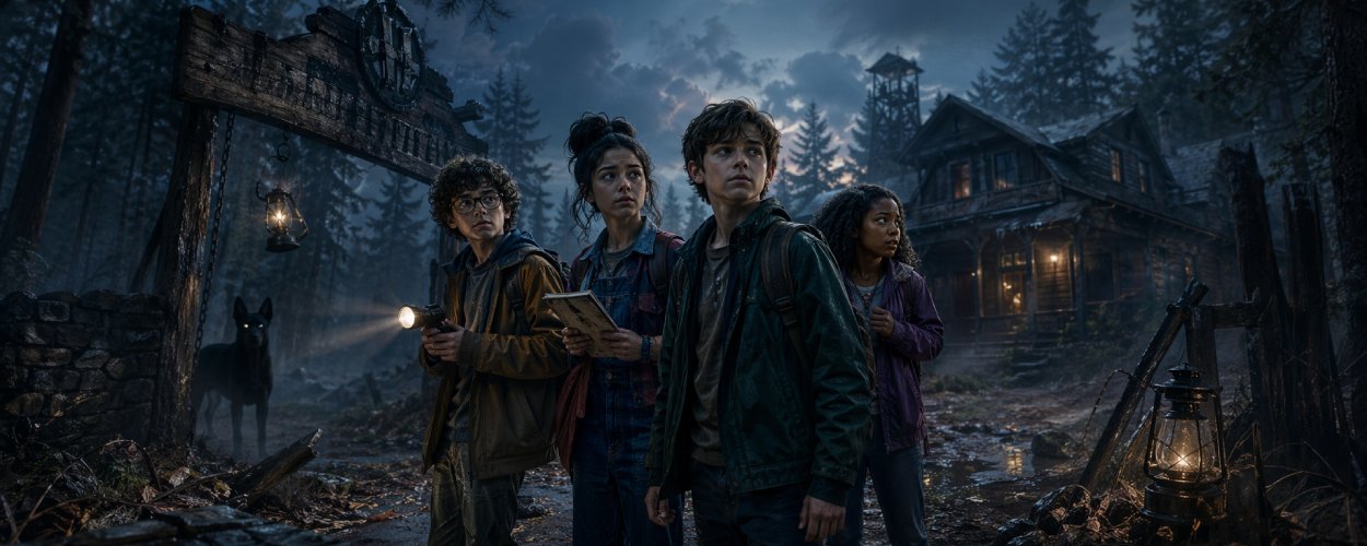 Scooby-Doo bei Netflix als unheimliches Camp-Mystery mit vier jungen Ermittlern und einem noch verborgenen Doggenwelpen im Schatten.