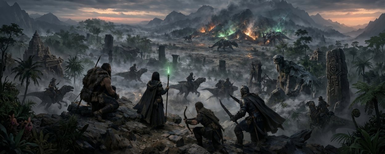 Bewaffnete Krieger und Magier kämpfen in einer prähistorischen Fantasy-Landschaft mit Dinosaurier-Reitern gegen verdorbene Echsenwesen.