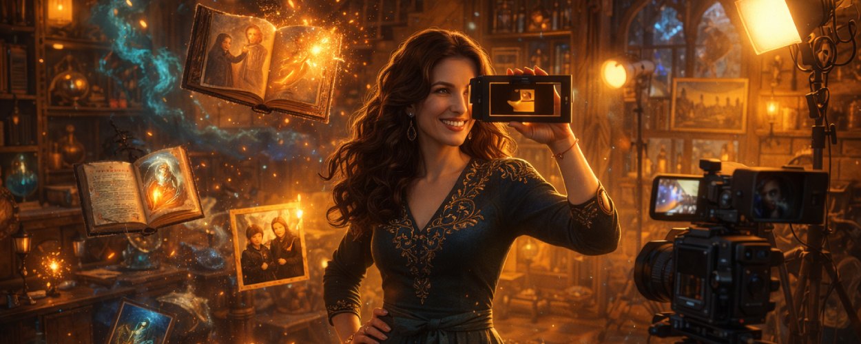 Eine erwachsene Magierin steht in einem nostalgischen Fantasy-Set zwischen Zauberrequisiten und Filmtechnik und übernimmt sichtbar die kreative Kontrolle.