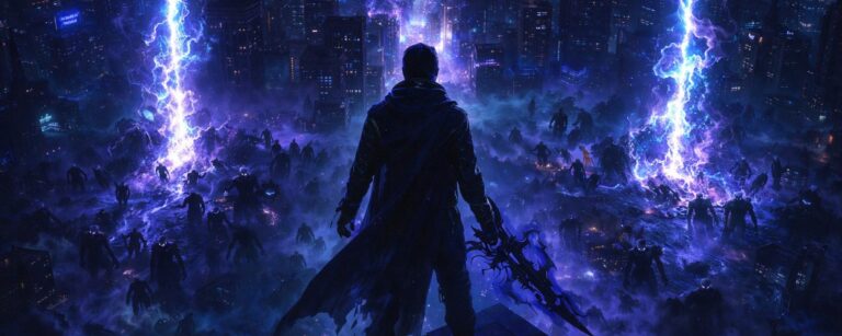 Ein dunkler Schattenjäger steht über einer von Portalen zerrissenen Stadt, während hinter ihm schwarze Geistersoldaten aufsteigen.